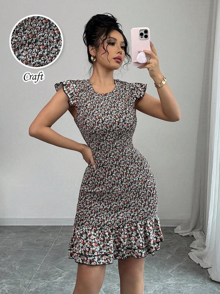 Robe à Fleurs Froncée avec Volants